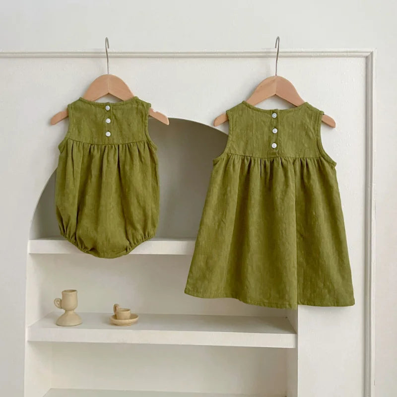 Girls Birthday Party Sisters Outfits Summer Green Apricot Floral Embroidery Sleeveless Bodysuit Vest Dress Baby Clothes H037