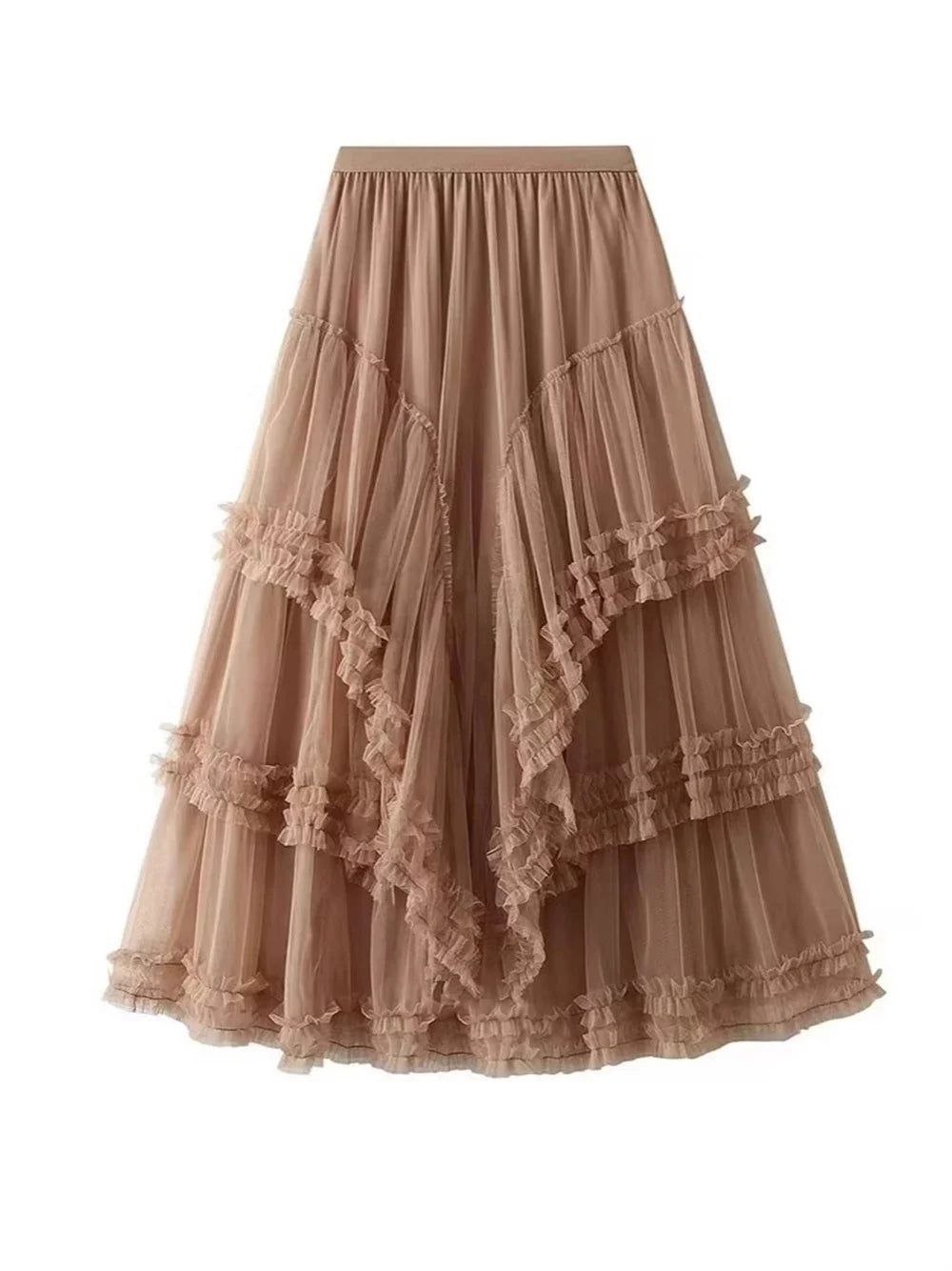 2026 Fashion Women High Waisted Floral Lace Tulle Puff Cake Skirt Vintage Ladies Loose Asymmetrical Long Skirts Women Clothes