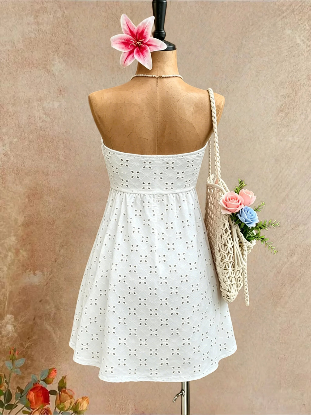 Women Strapless Ruffle Bust Front Tie Cutout Eyelet Embroidery A Line Mini Dress Solid White Summer Beach Flowy Short Dress