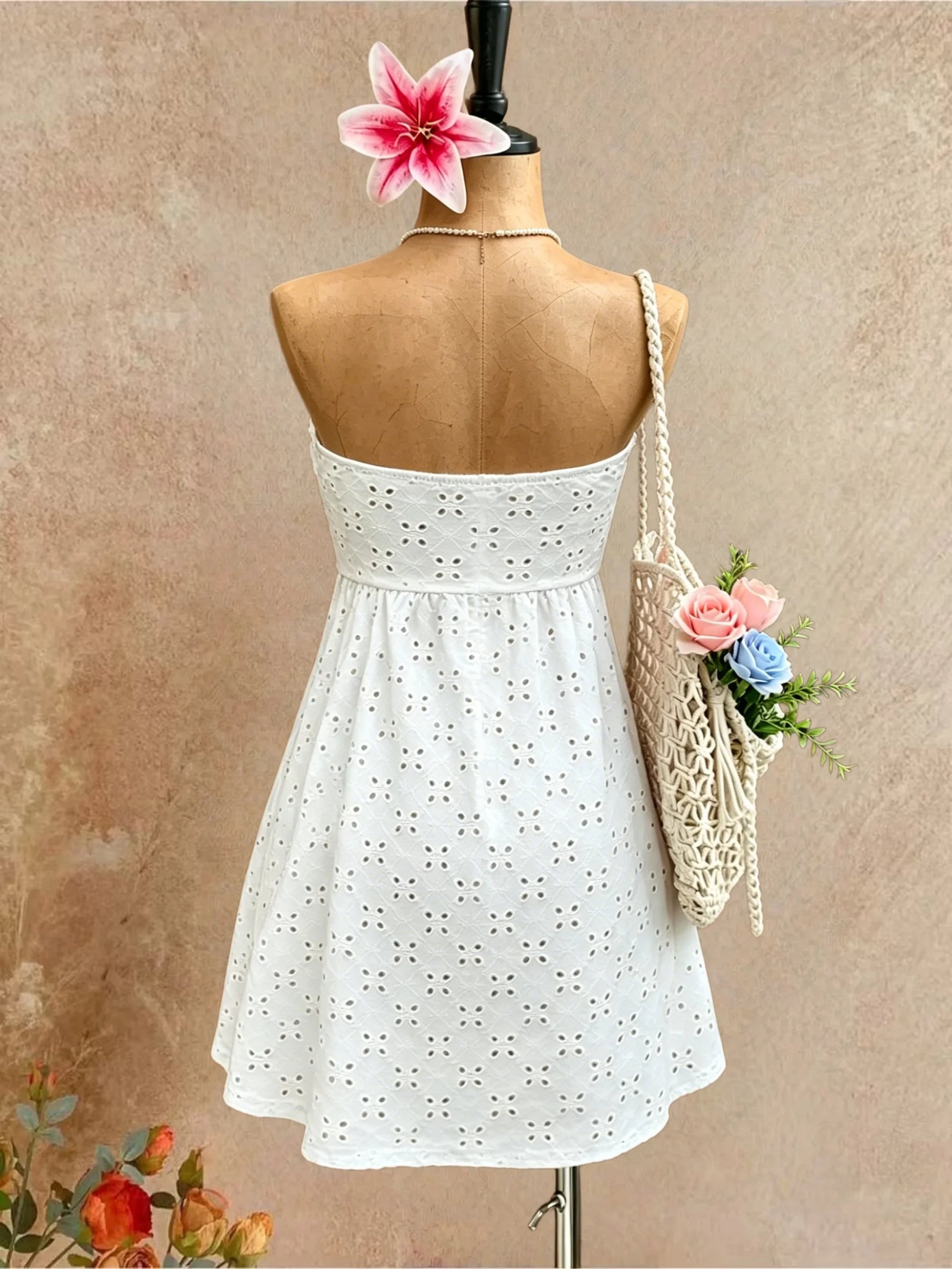 Women Strapless Ruffle Bust Front Tie Cutout Eyelet Embroidery A Line Mini Dress Solid White Summer Beach Flowy Short Dress