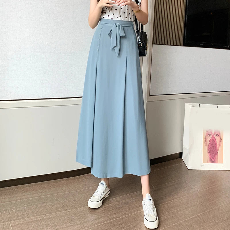Summer Elastic Pleated Skirt Women Chiffon Trouser Skirt High Waist Casual Wide Leg Pants Fashion Streetwear Pants Pantalones