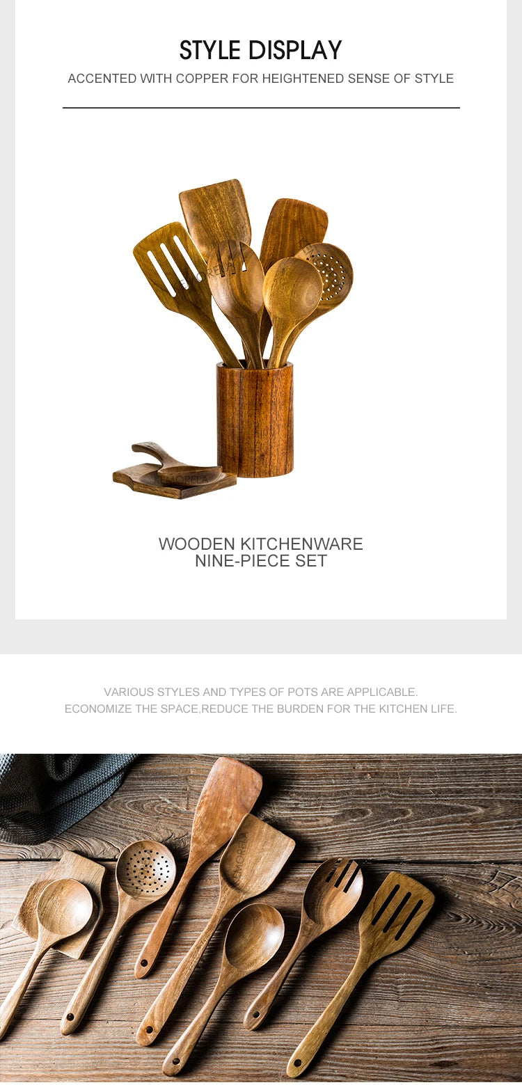 Cucharas de madera para cocinar de 9 piezas, utensilios de madera para cocinar con soporte para utensilios, juego de utensilios de cocina de madera de teca