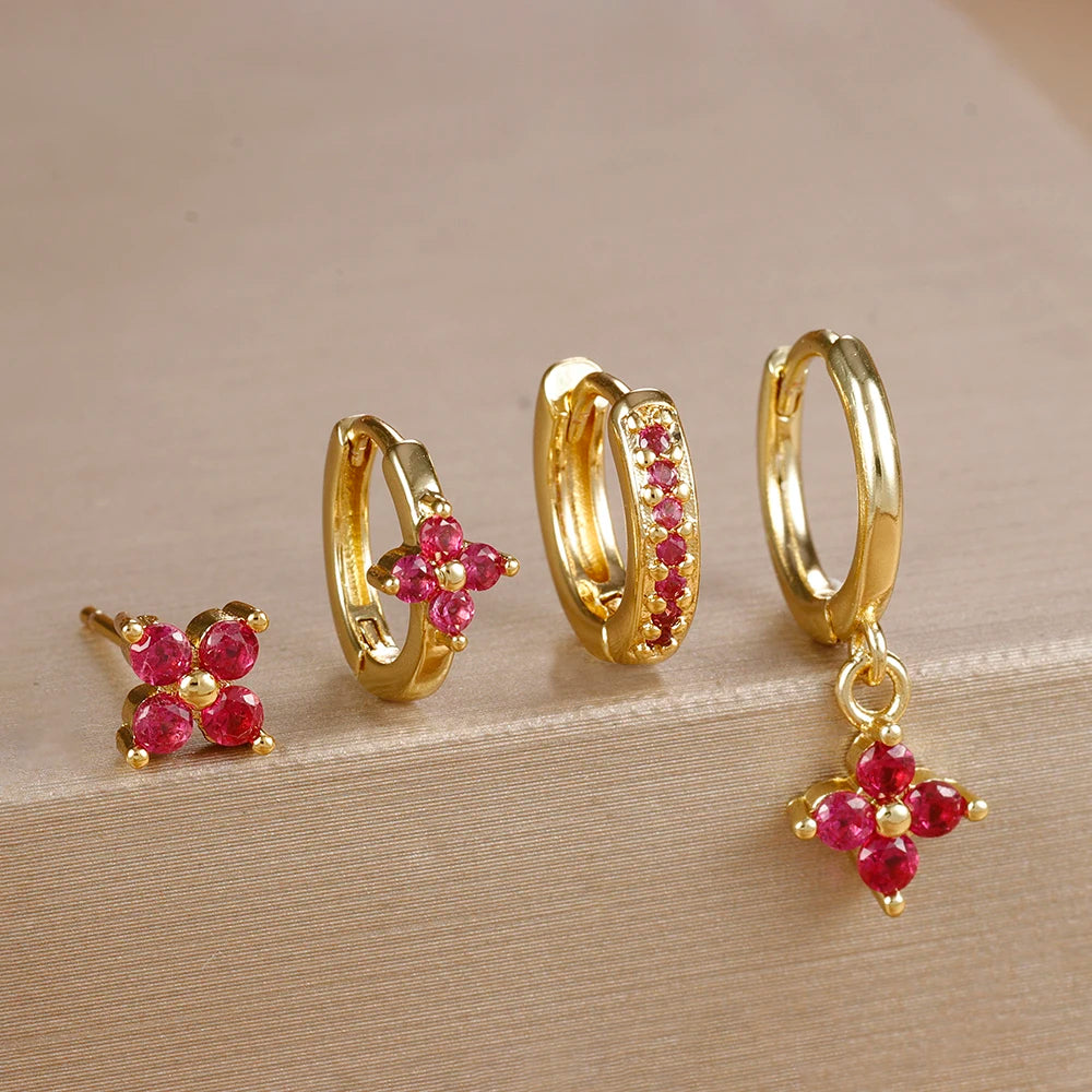 Cubic Zirconia Flower Hoop Earrings 4 Piece Set 18K Gold Plated Stainless Steel For Women
