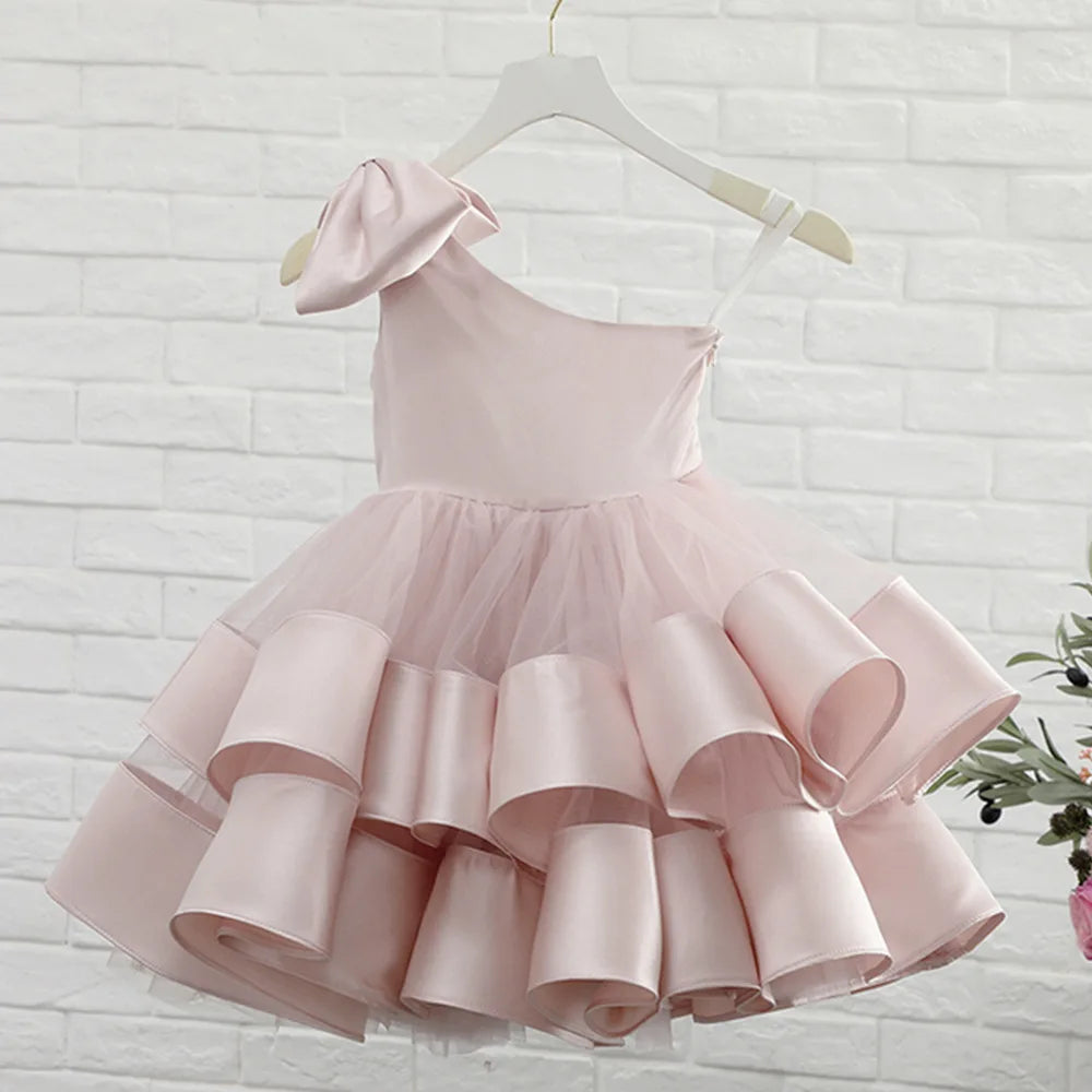 One Shoulder Baby Girls Party Dress Pink White Kids Princess Gown Tulle Ribbon Layer Children's Clothes Birthday Outwear 2-13Y