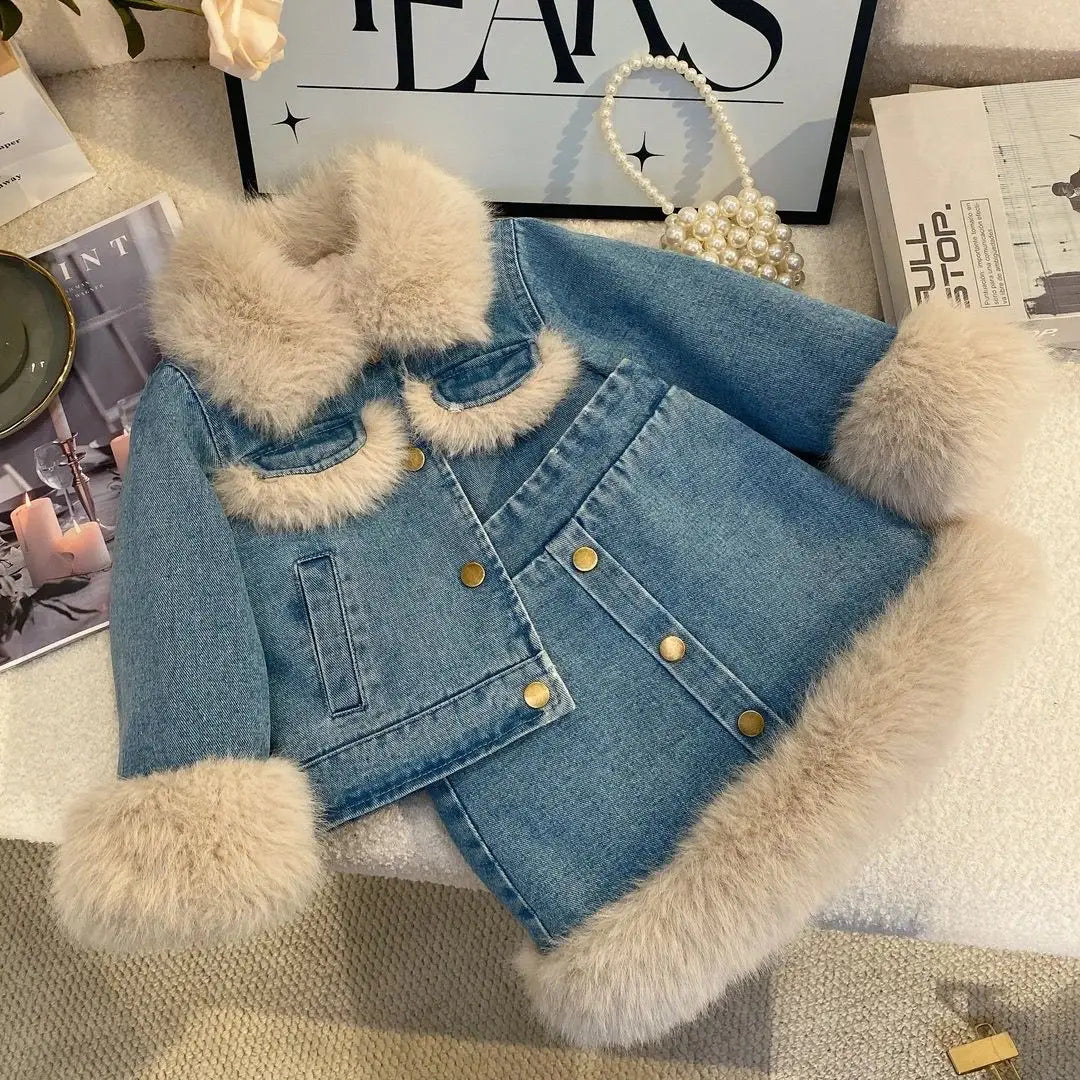 Girls Fleece-Lined Winter 2-Piece Set – Korean Style Denim Jacket & Skirt Outfit for Toddlers 2-6 Years baby girl outfit set