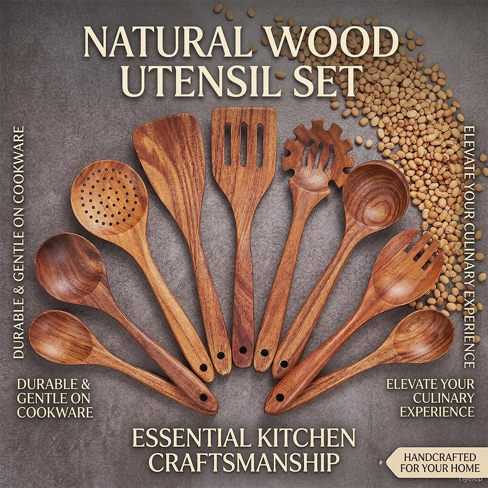 10pcs Wooden Spoons For Cooking Wooden Utensils For Cooking Teak Wooden Kitchen Utensils Set