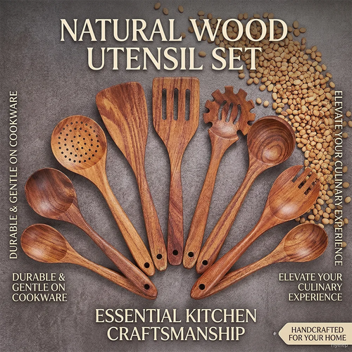 10-Piece Teak Wooden Cooking Utensil Set