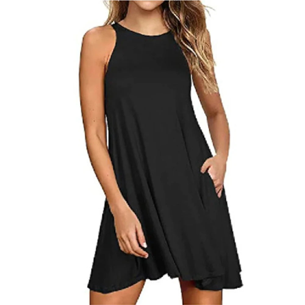 Women'S'S Dress Summer Casual T Shirt Dresses Beach Cover Up Plain Pleated Tank Pockets Dress