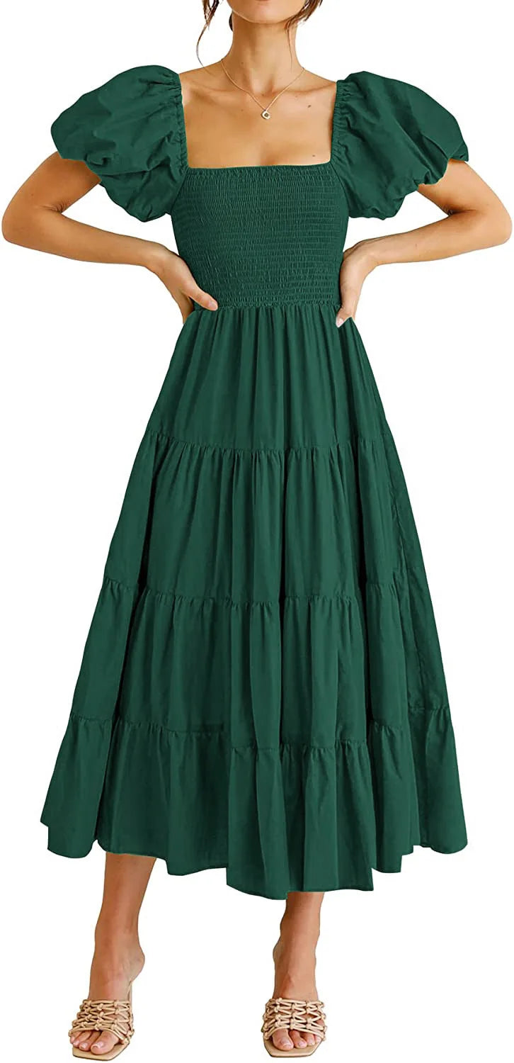 2026 Spring Summer Elegant Women's Long Dress Fashionable Solid Color Square Neck Puff Sleeve Pleated Slim Fit Loose Hem Dress
