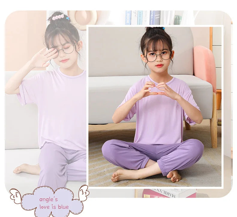 Teenage Boy Pajamas Summer Girl Short Sleeve Children's Clothing Sleepwear Silk Cotton Pyjamas Sets For Kids 4 8 9 12 13 14Years