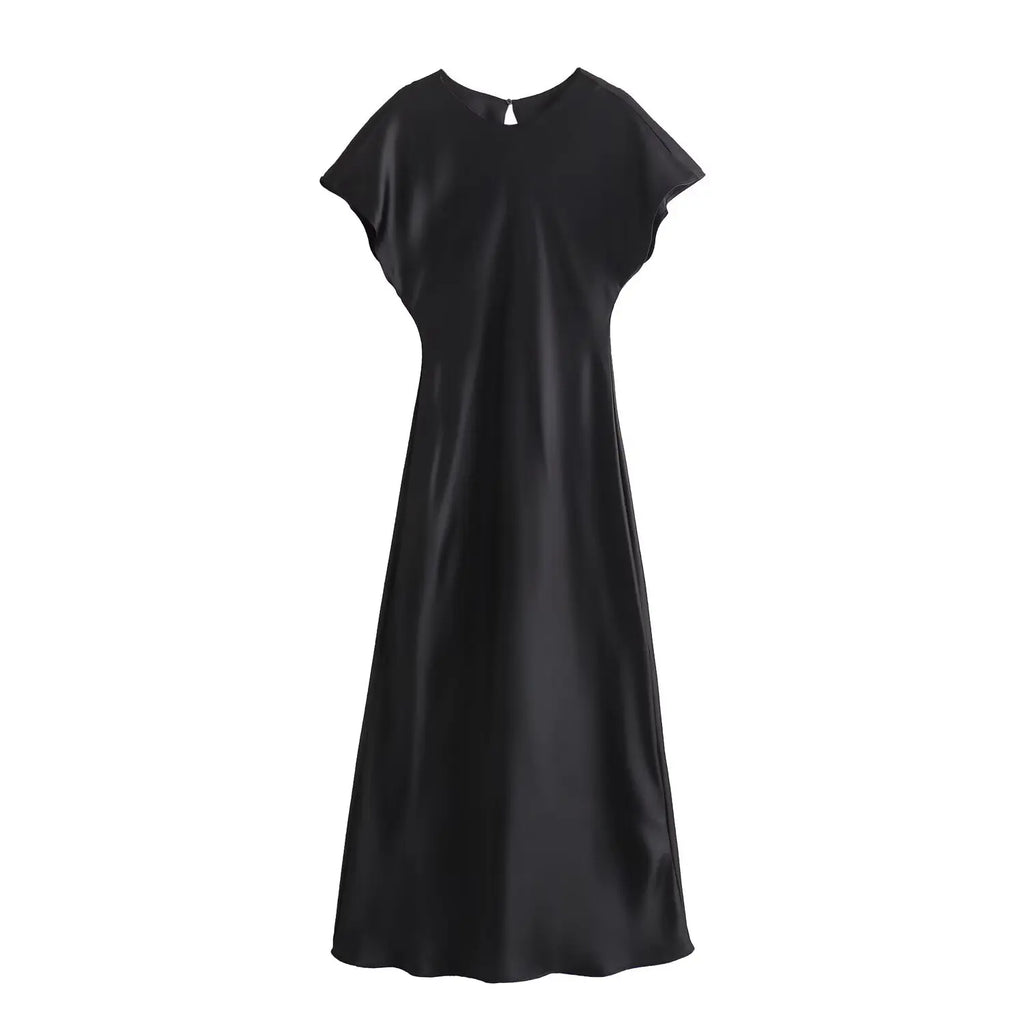 Woman Satin Midi Dress Summer Female Solid Fashion Elegant Long Dresses Lady Chic Short Sleeve O-Neck Evening Party Dress