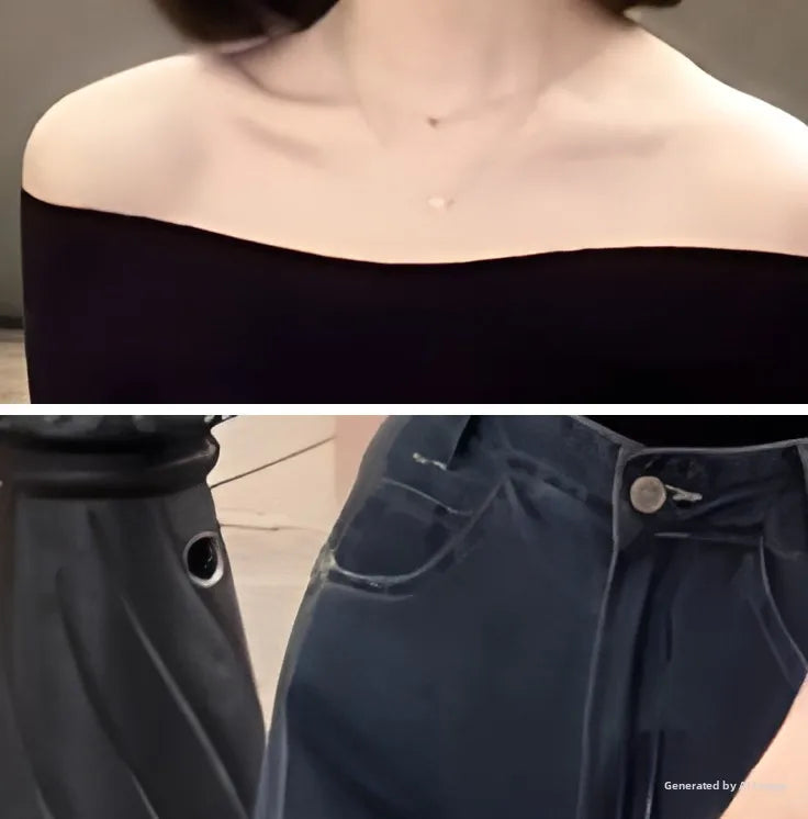 Shoulder Bared Knitted Short Sleeve T Shirt Women's Style Summer Edition Slim Fit Black Color Commute Fashion Creative Pattern