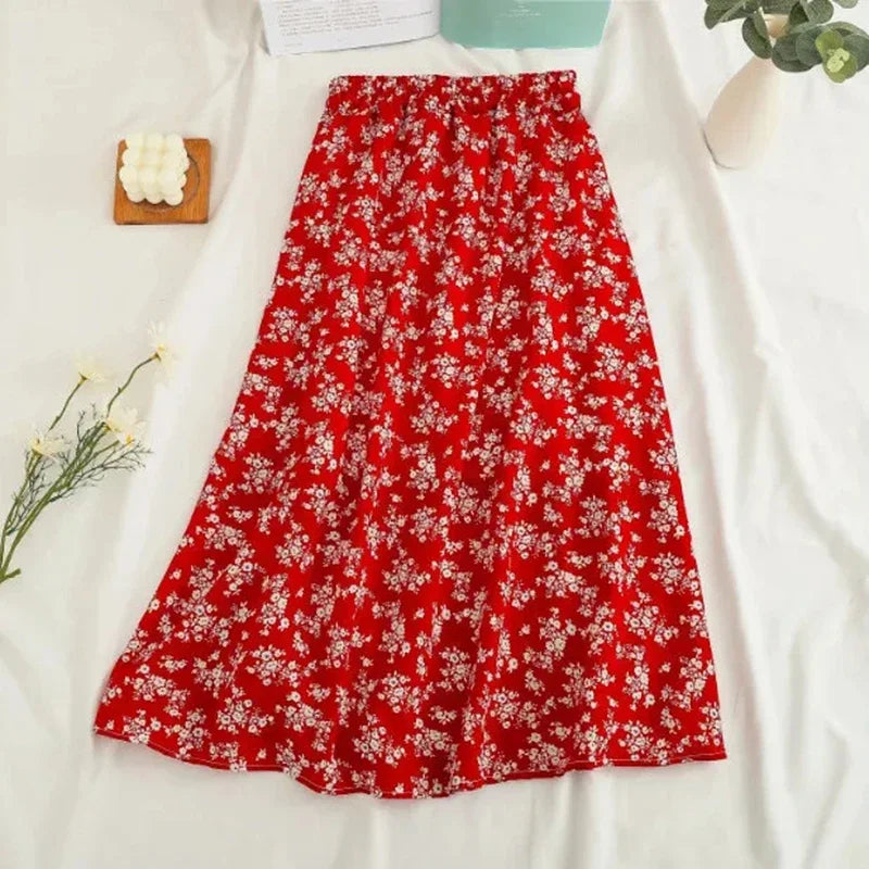 Women's Korean Style Floral Chiffon Midi Skirt – High Waist Loose A-Line Summer Skirt