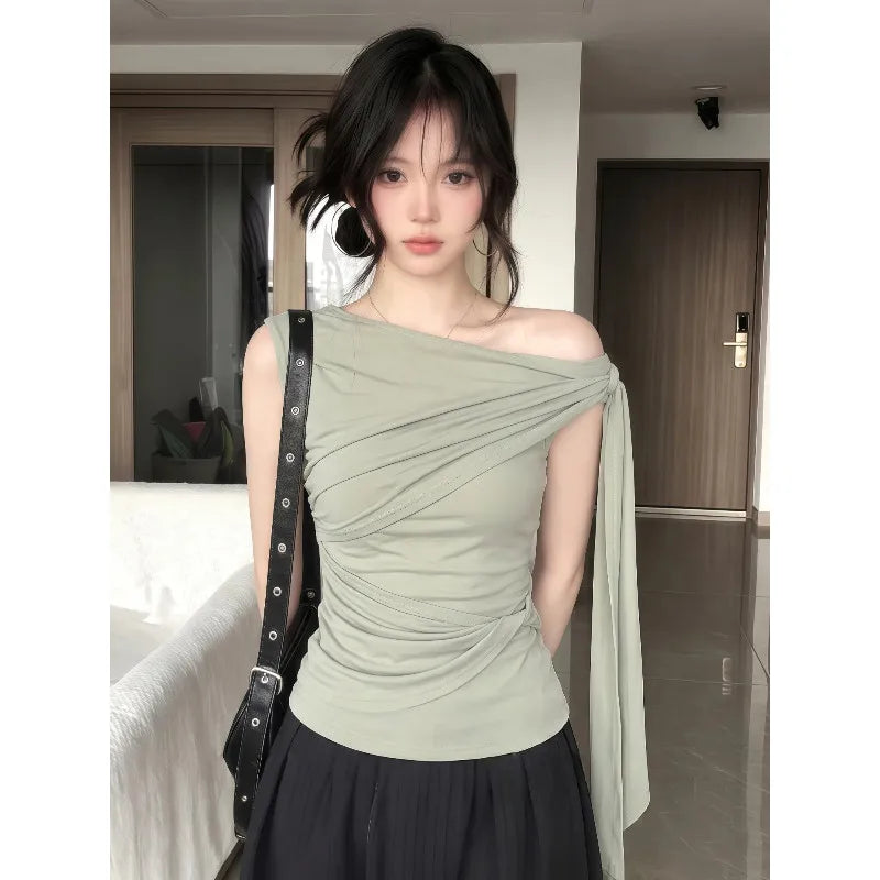 Elegant plus Size Women's T-Shirt Shoulder Bared Slim Fit Summer New Style Korean Version Commute Style Short Sleeve Top