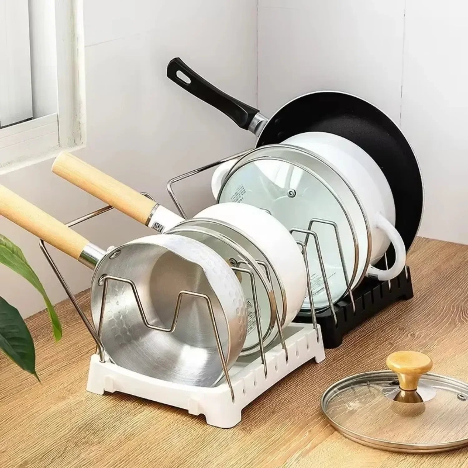 Estante expandible para guardar ollas y sartenes para gabinetes, organizador de ollas y tapas con 6 estantes ajustables para herramientas de organización de cocina