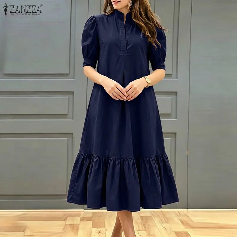 Women Casual A-Line Midi Dress Stand Collar Half Puff Sleeves Solid Color Loose Dresses ZANZEA Minimalist Daily Wear Vestidos