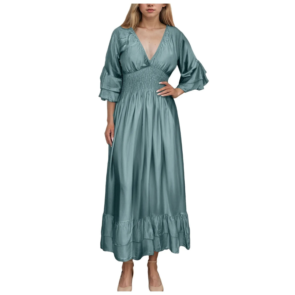Womens Work Dresses Business Casual Women Sexy V Neck Ruffle 3/4 Sleeve Dress Casual Loose Ruffle Tiered Womens Sweater Dress