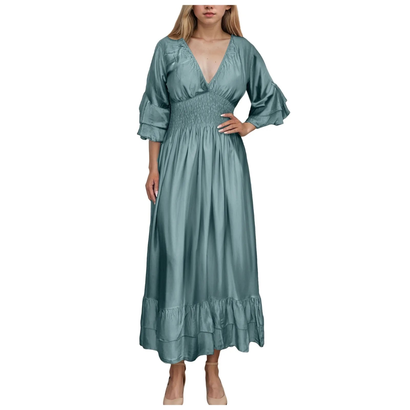Womens Work Dresses Business Casual Women Sexy V Neck Ruffle 3/4 Sleeve Dress Casual Loose Ruffle Tiered Womens Sweater Dress