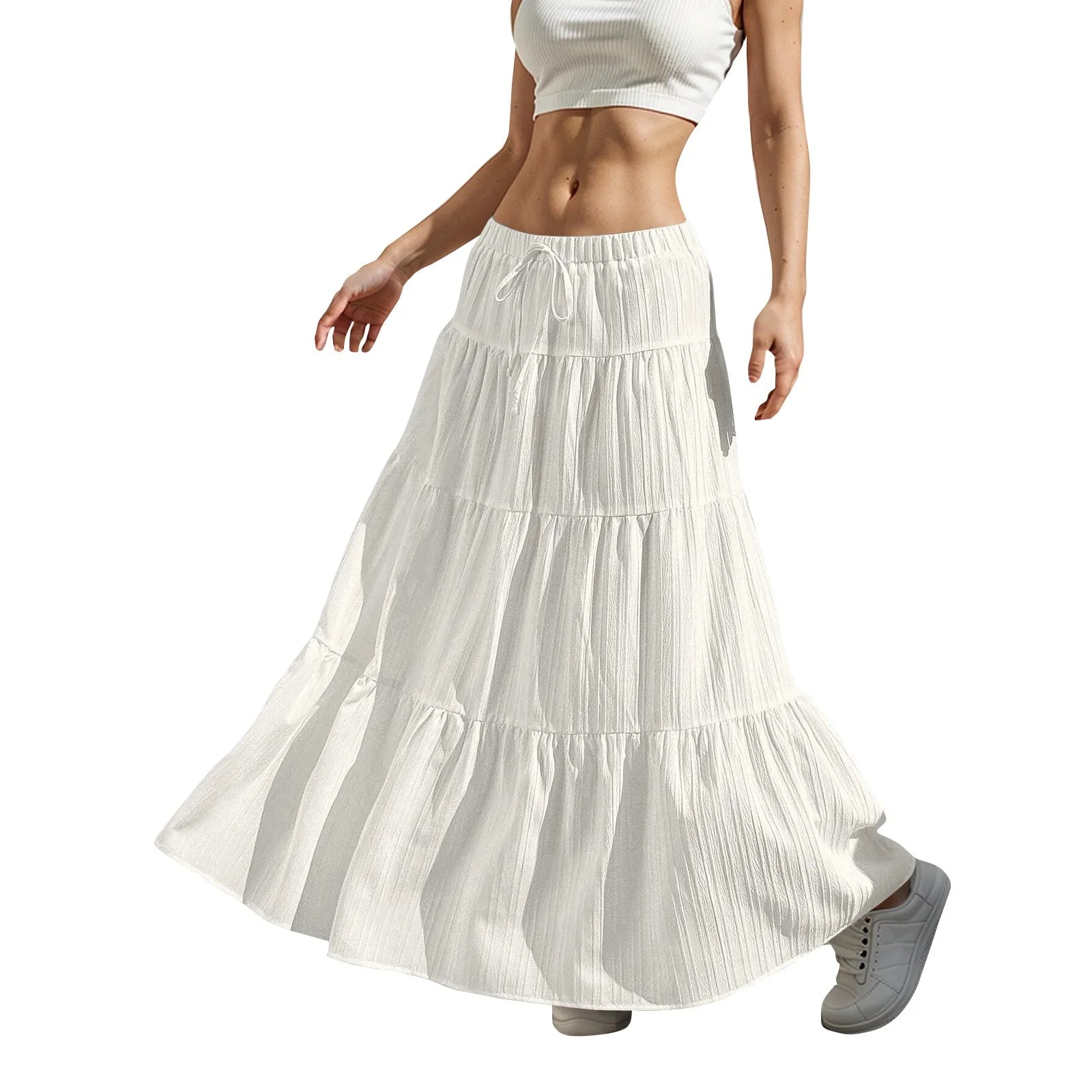 Women's Flared Ruffle Hem Maxi Skirt Fashion Women Solid Long Skirts Elastic Waist Elegant Long Skirt Spring Summer Cake Dress