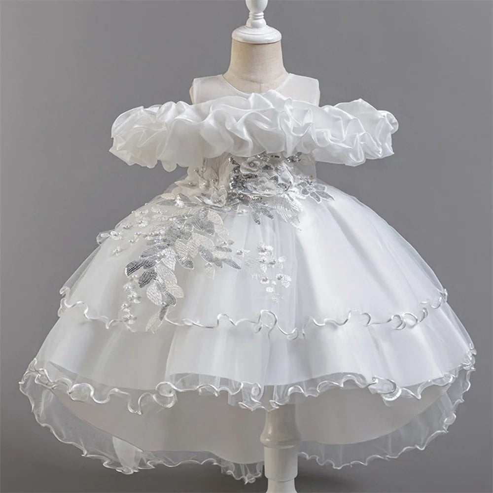 Fashion Pink Flower Girl Party Dresses Wedding Birthday Tulle Princess Dress for Kids Graduation Pageant Bridesmaid Kids Costume