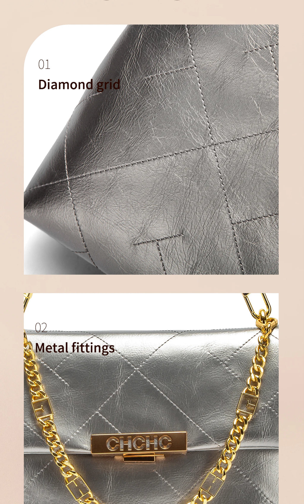 CHCH Women's Tote Bag - Black Faux Leather Diamond Grid Pattern