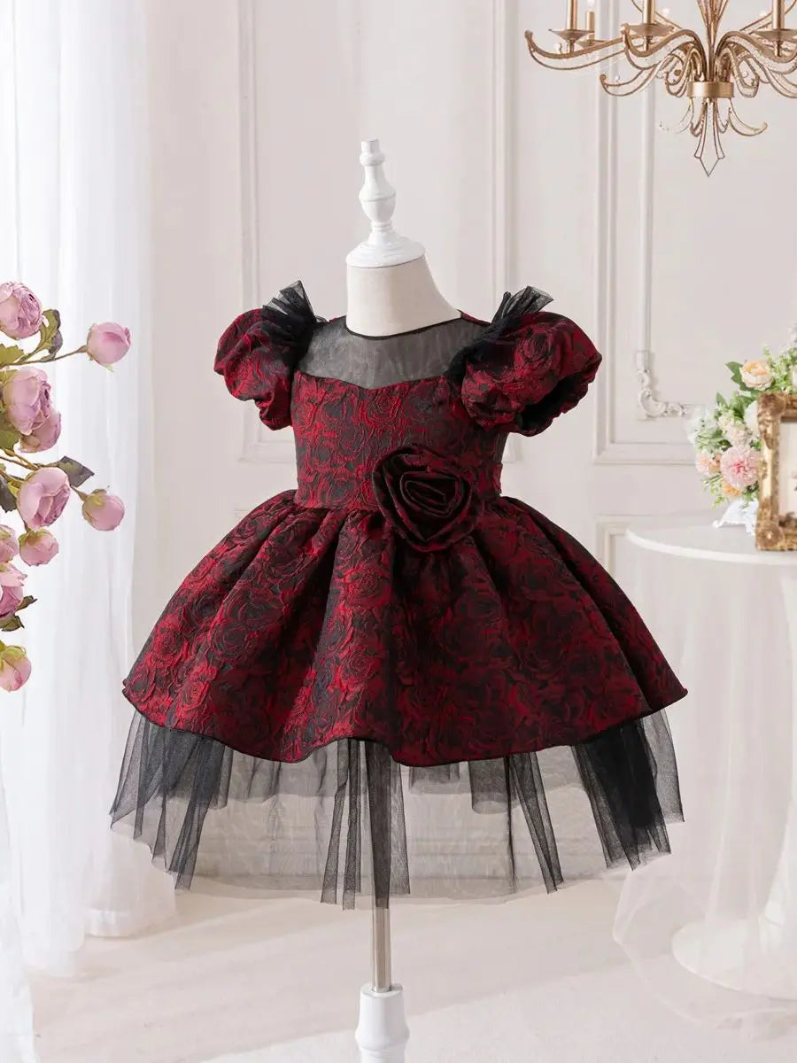HETISO Rose Floral Kids Girls Party Dresses Elegant Princess Tulle Children Ball Gown for Christmas Wedding Birthday