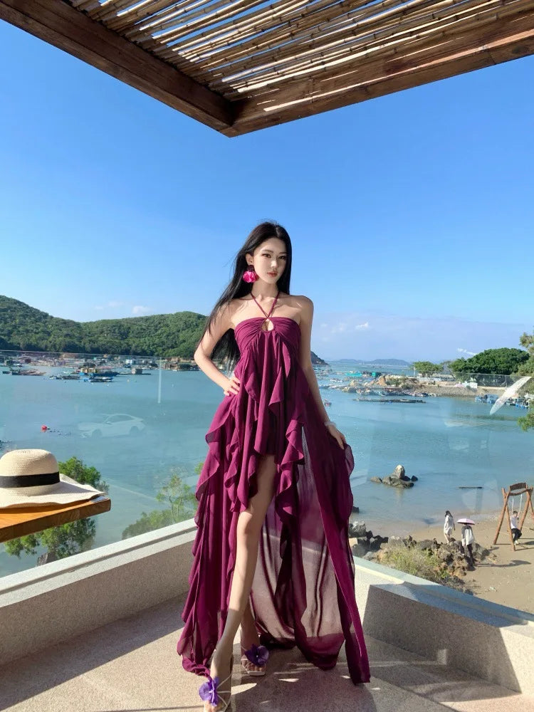 Purple Beach Vacation Photography Dress Women's Sleeveless Gown Luxury Design Sensation Halter Neck Chiffon Long Skirt