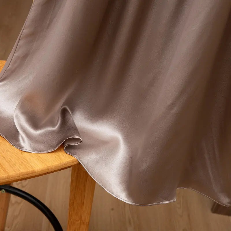 Loose 100%Silk Short Sleeve Nightgown, Summer Medium-long Satin Sleepwear Woman