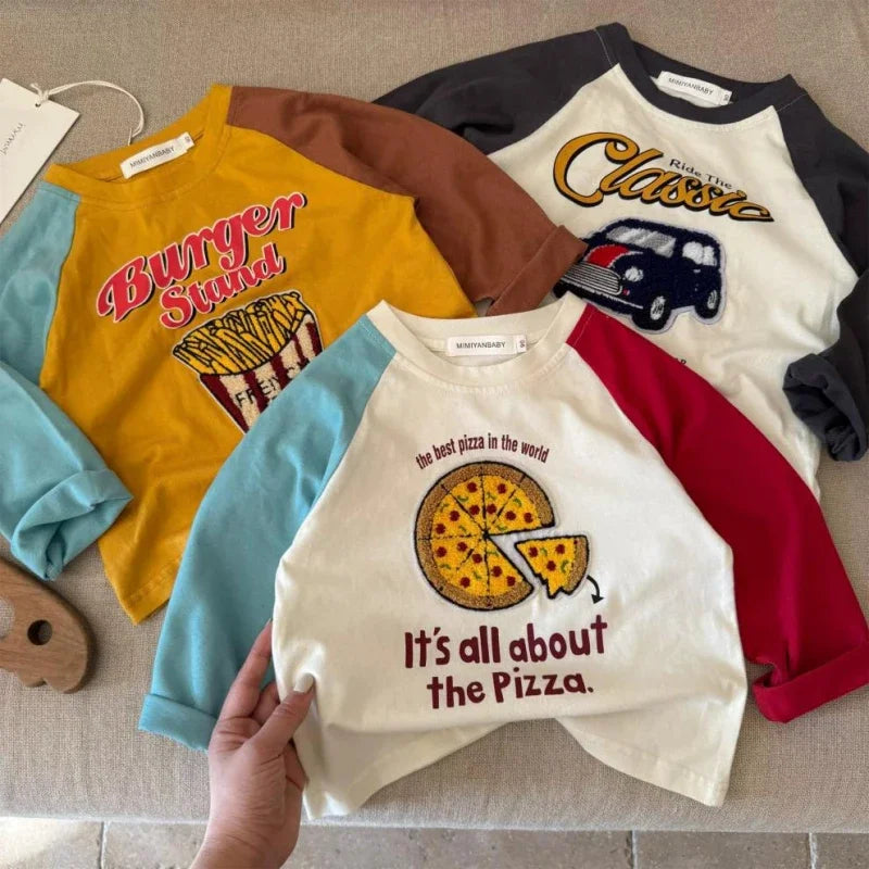 Boys Spring Cartoon Splicing T-Shirt Costume Toddler Fashion Cute Round Neck Tees Casual Loose New Long-Sleeved Tops Outer Wear