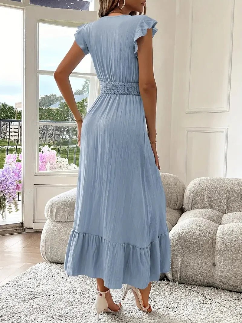 Women's Fashionable Elegant and Casual Long Ruffled Sleeves and Elegant Commuting V-neck Solid Color Pleated Splicing Slim Dress