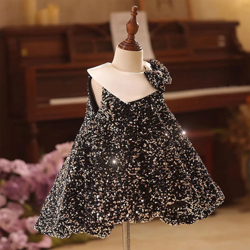 Dreamy Vow D141 Black Sequined Flower Girl Dress with Bow Knee Legth A-Line Wedding Birthday Holiday Party Summer Prom Gown