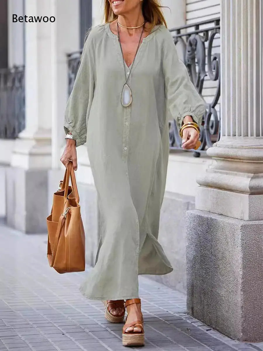 Women V Neck Lantern Long Sleeve Linen Maxi Dress Button Front Loose Casual Vacation Ladies Long Dress