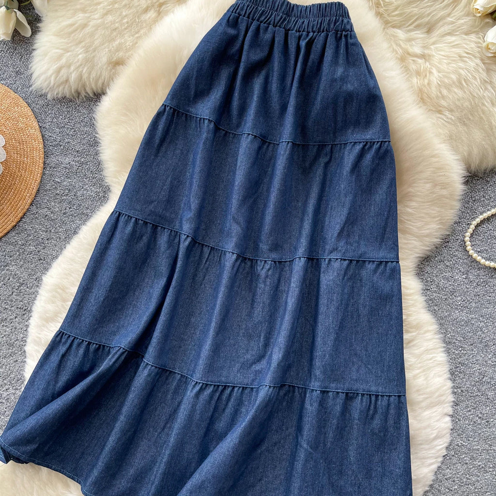 Korean Style A-Line  Skirt Women's Summer Slimming Elastic Waist Denim Patchwork Skirts City Commute Universal Long Skirts