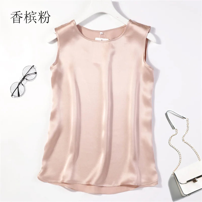 Elegant Fashion Satin Tank Tops Office Lady Blouse Shirts plus  Summer Slim Sleeveless Vest Women Simple O-neck Tops y2k clothes