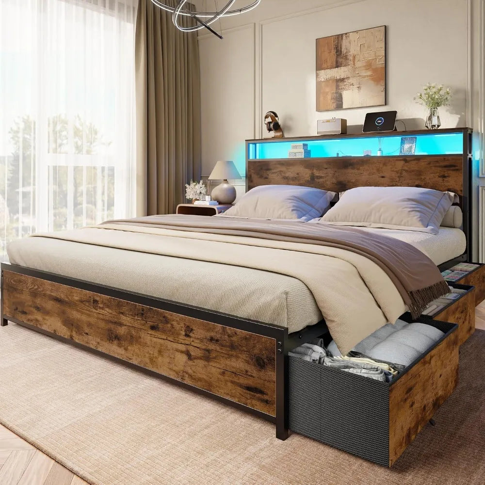 Queen Bed Frame with 2-Tier Storage Headboard & 6 Drawers, Heavy Duty Slats, USB & AC Ports, Brown