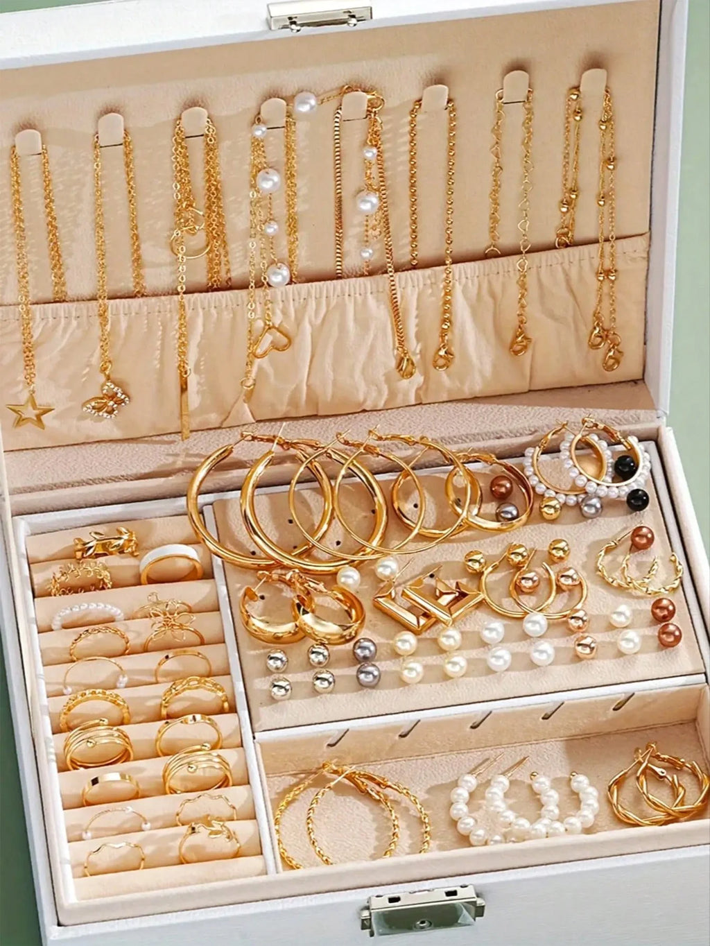 86Pcs/Set Elegant Pearl Earrings Multi-Layered Necklace Ear Studs Rings 4-In-1 Jewelry Set For Women'S Daily Wear (No Box)