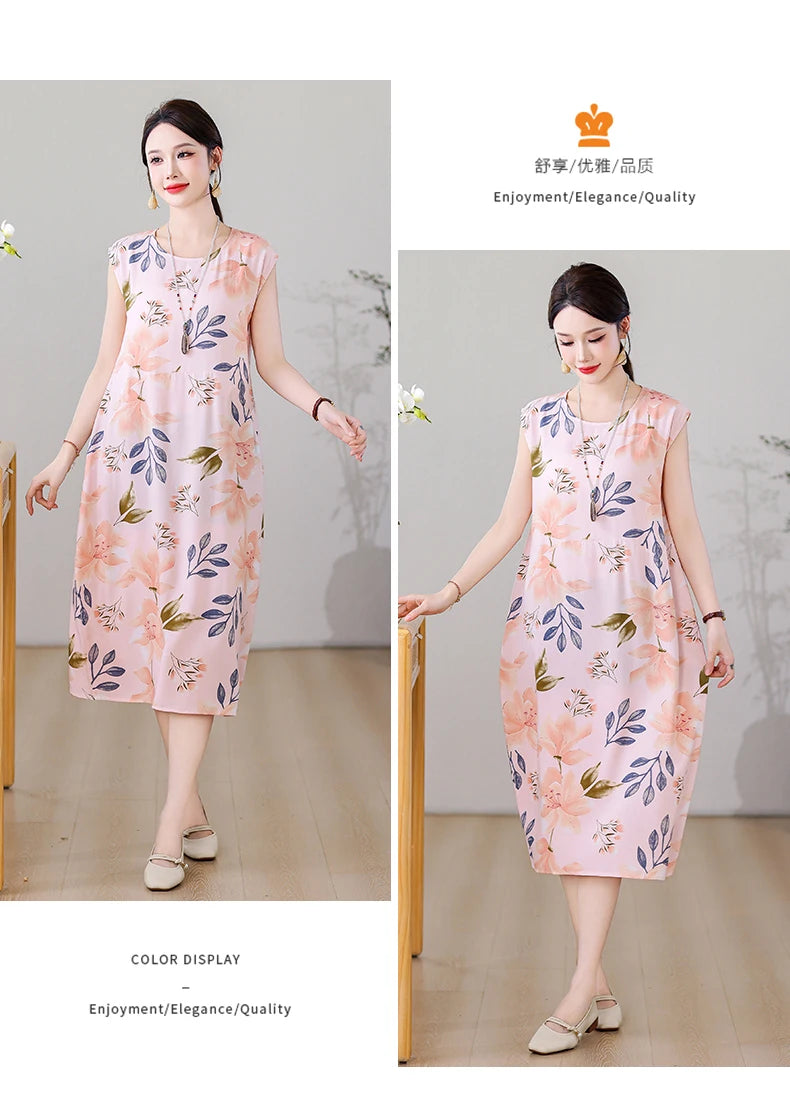 New Fashion Vintage Floral Print  Sleeveless Casual Party Femme Summer Dresses For Women 2025 O-neck Straight Women Clothing
