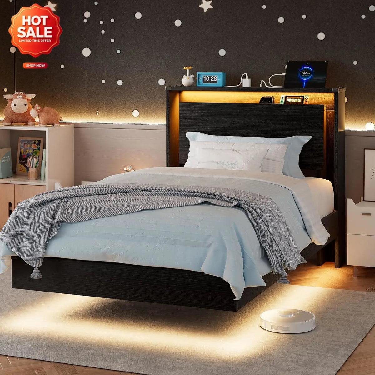 Twin Bed Frames with LED Lights and Charging Station - Wood Floating Bed Frame with Storage Headboard, Adhesive Slats, Kick-Free