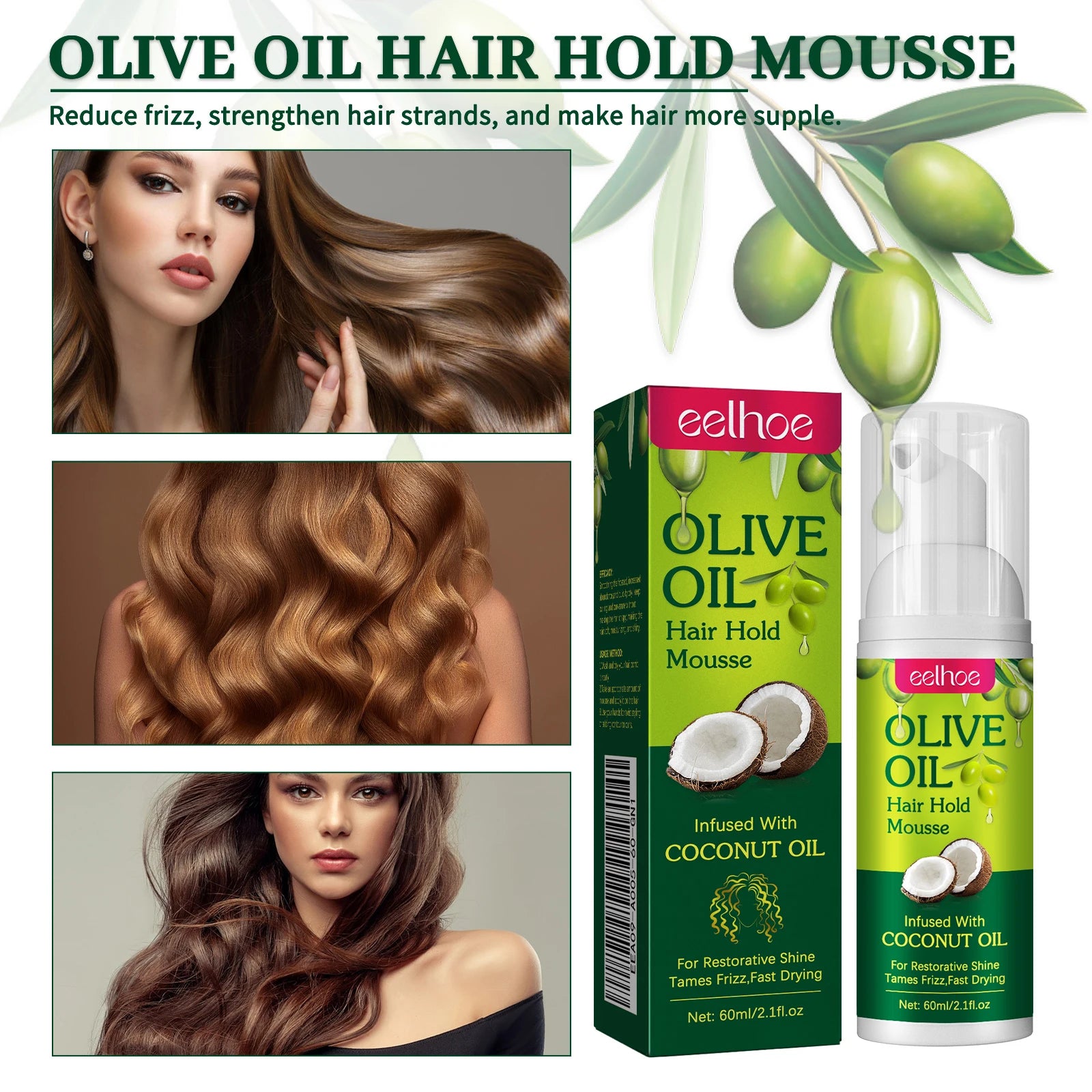Olive Oil Hair Styling Mousse Long Lasting Styling Reduces Hair Frizz Prevents Hair Breakage Maintains Hair Curls Hold Mousse