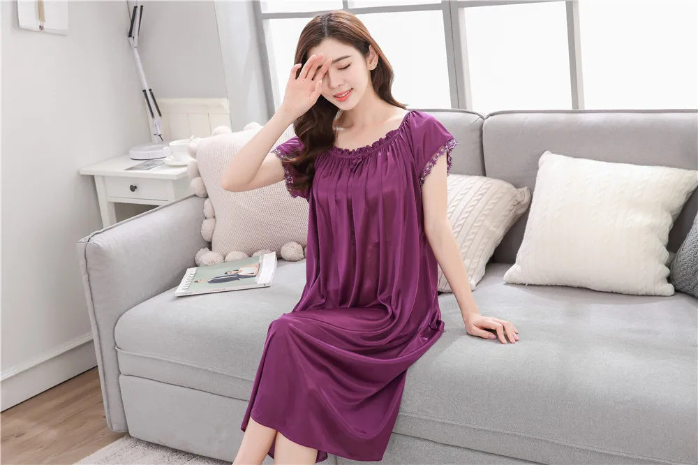 2026 New Women's Summer Imitation Silk Sleeping Skirt Multi Colored Short Sleeved Home Clothes Ice Silk Pajama Dress