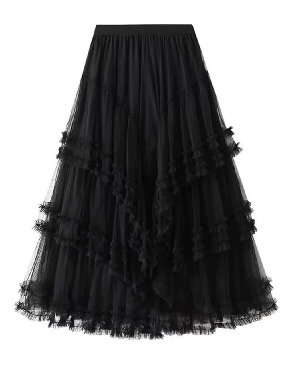 2026 Fashion Women High Waisted Floral Lace Tulle Puff Cake Skirt Vintage Ladies Loose Asymmetrical Long Skirts Women Clothes