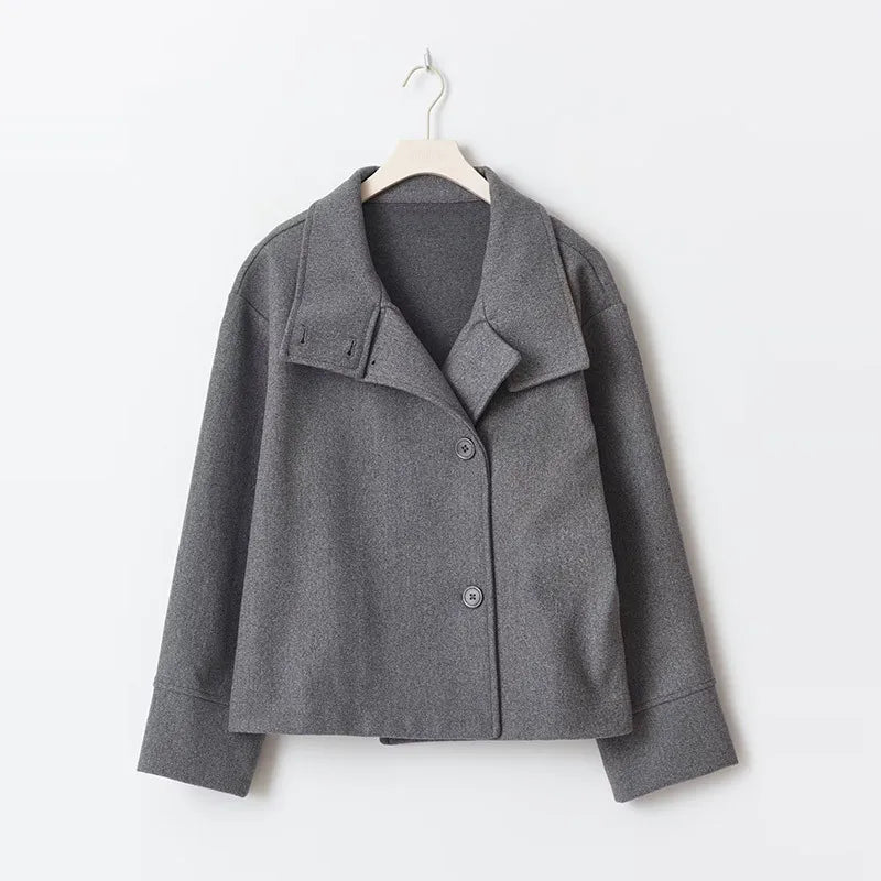 Stand Collar Women Winter Woolen Coat 2025 Spring Single Breasted Loose Female Long Sleeve Jacket Office Lady Street Short Coats
