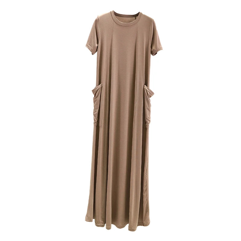 Casual Modal Sleep Dress Women Summer Large Size round Neck over Knee Long Dress Loose Slimming Short Sleeve Dress