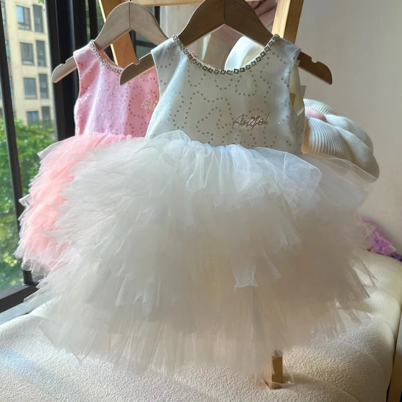 Baby Girls Sequin Tutu Dress for Kids Ruffles Layered Cake Birthday Party Gown Children Fashion Wear Sleeveless Formal Wear
