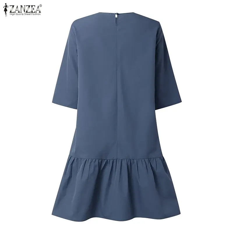 ZANZEA Women's Casual Ruffled Hem Dress O-Neck Half Sleeve A-Line Dress 2026 Summer Daily Solid Color Loose Robes Femme