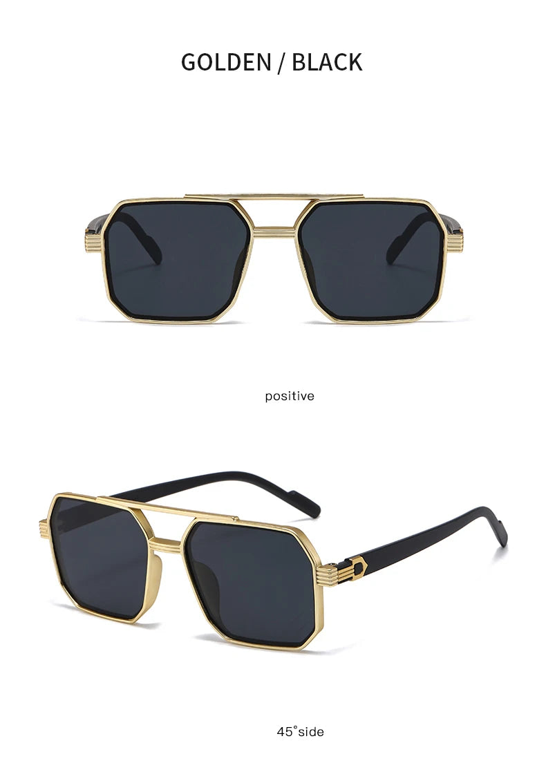 Car Sun Glasses 3pcs Retro Large Frame Square Sunglasses Classic Double Beam Metal Frame Glasses Fashion Men'S Gradient Eyewear