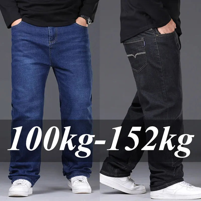 42-50 Plus Size Men's Jeans Business Casual Denim Pants High Waist Straight Leg Loose Elastic Comfortable Trousers Male Clothing