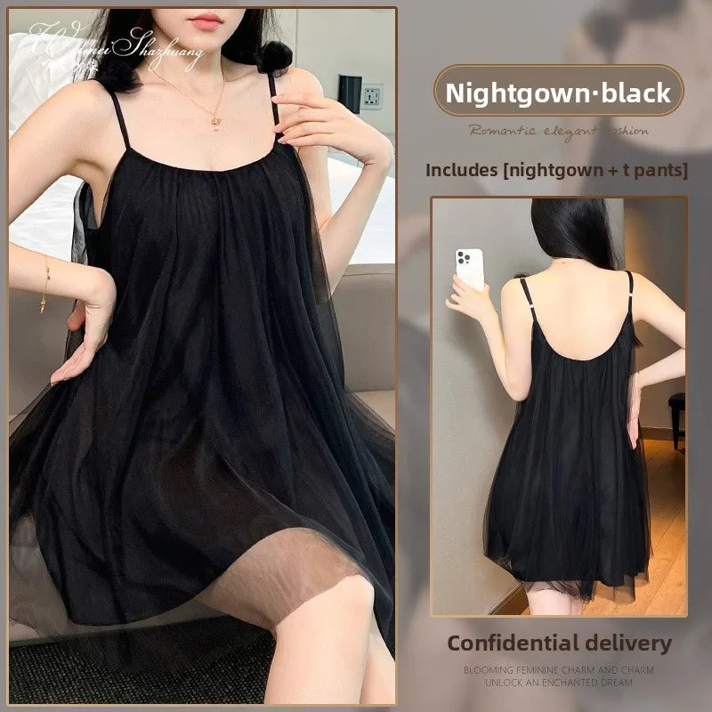 Sweet Cute New Arrival Solid Color Sexy Floral Mesh Spaghetti Strap Nightdress For Women With Chest Pad Home Sleepwear
