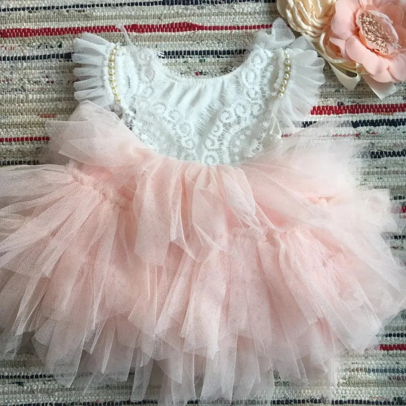 Flower Girl Lace Tulle Dress Elegant Princess Weddings Birthday Party Costumes for 3m To 7y Girls Baptism Festival Ball Gown
