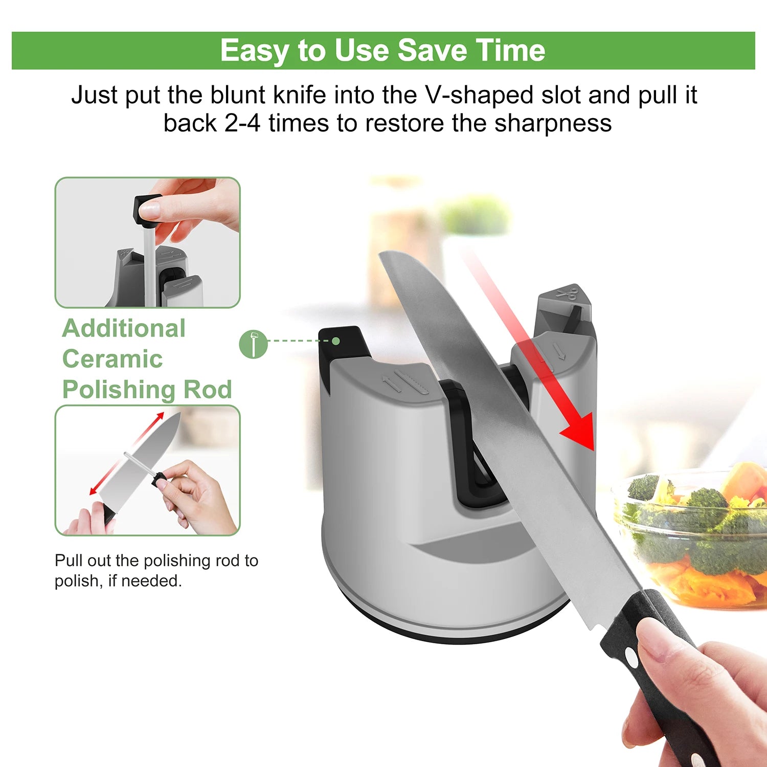 Afilador de Cuchillos de Cocina, Herramienta Multifunción de Afilado de Cuchillos con Ventosa Fija para Cuchillos Rectos y Dentados, Tijeras